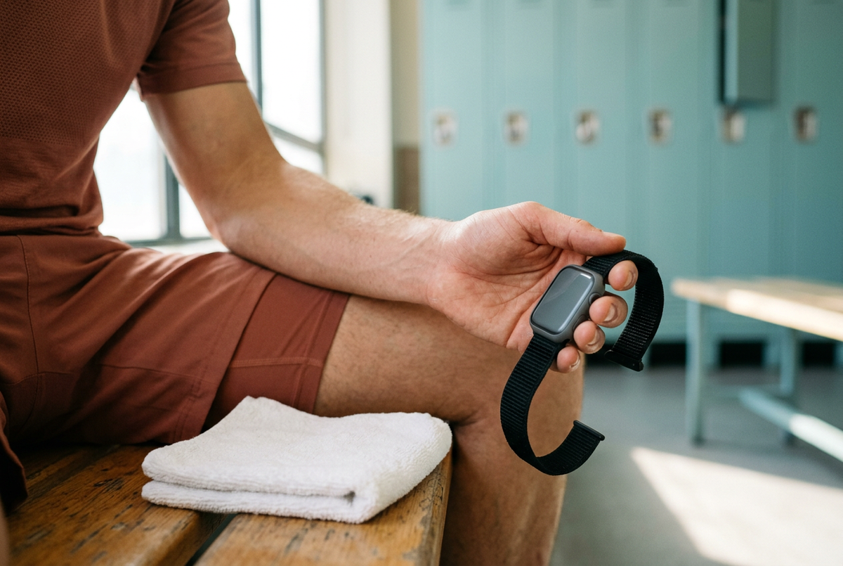 An athlete rests a bare wrist on their thigh while holding a removed smartwatch beside a clean towel on a gym bench.